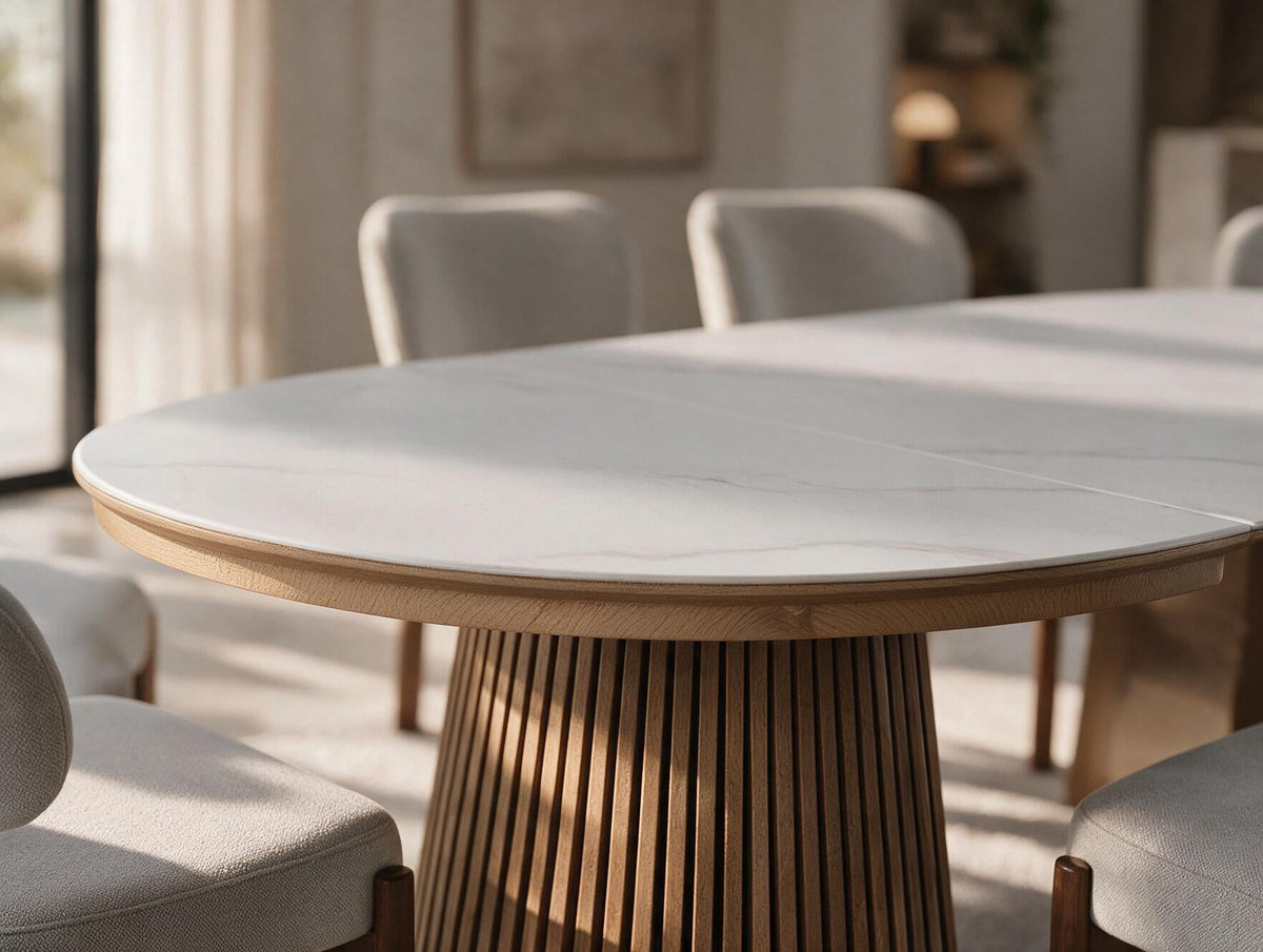 Table ronde extensible TARGA en bois – Ø 115 cm fermée - 85 cm ouverte – 2 rallonges intégrées