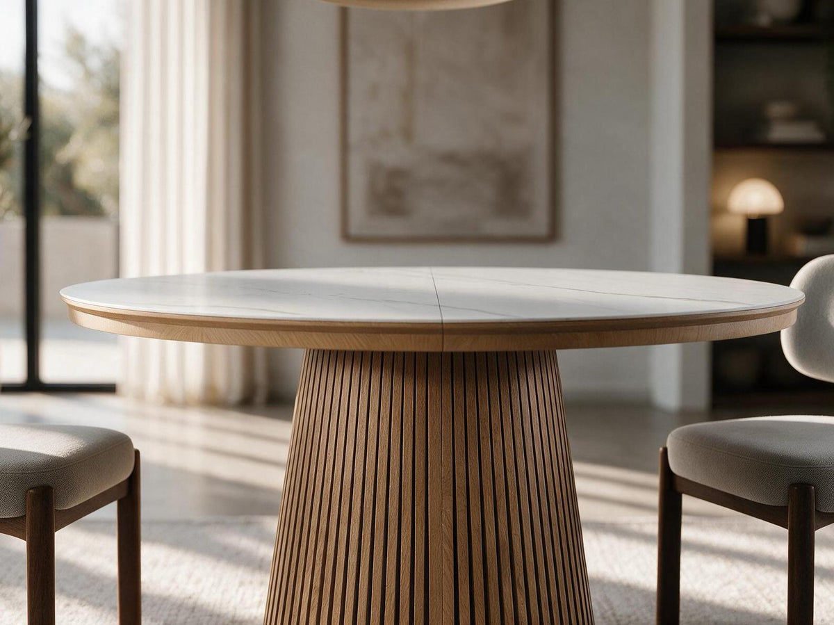 Table ronde extensible TARGA en bois – Ø 115 cm fermée - 85 cm ouverte – 2 rallonges intégrées