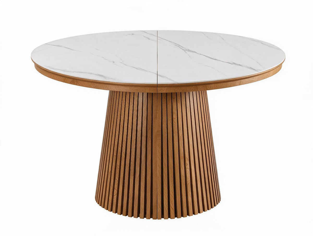 Table ronde extensible TARGA en bois – Ø 115 cm fermée - 85 cm ouverte – 2 rallonges intégrées