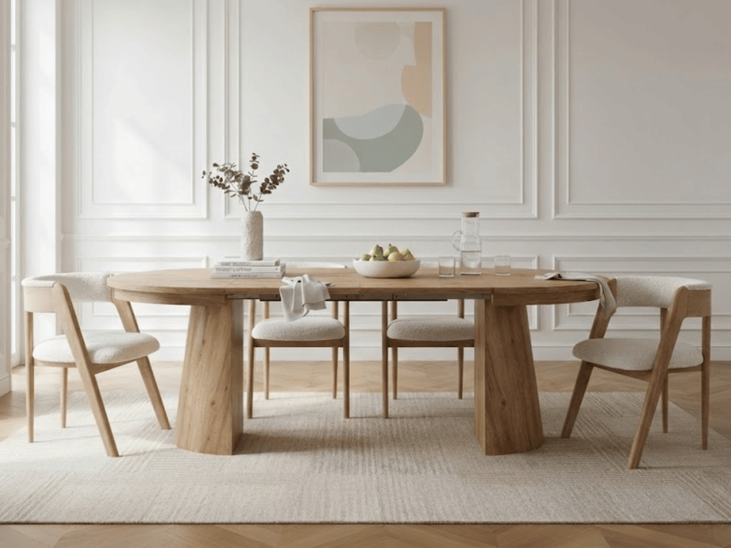 Table extensible NOMA Ø 120 à 200 cm – Plateau céramique effet marbre & piètement en bois rainuré