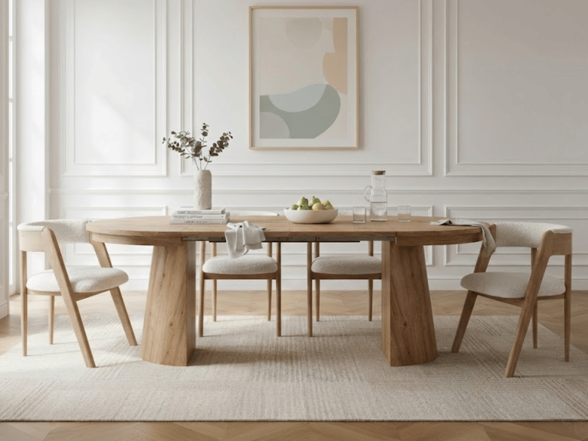 Table extensible NOMA Ø 120 à 200 cm – Plateau céramique effet marbre & piètement en bois rainuré