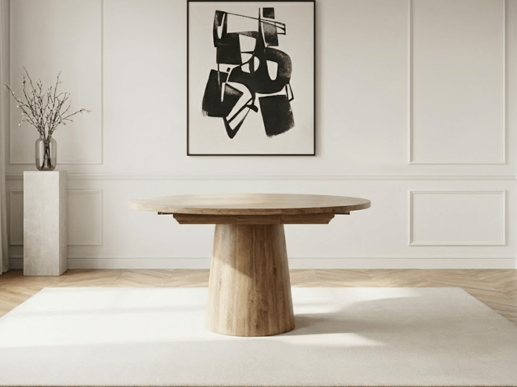 Table extensible NOMA Ø 120 à 200 cm – Plateau céramique effet marbre & piètement en bois rainuré