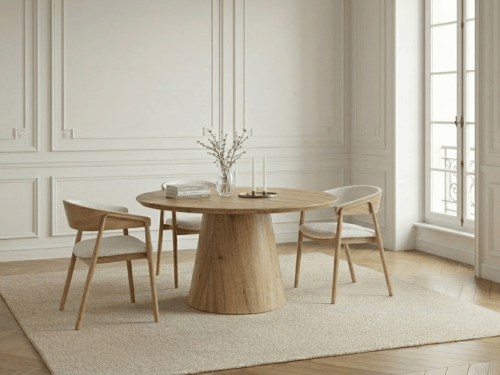 Table extensible NOMA Ø 120 à 200 cm – Plateau céramique effet marbre & piètement en bois rainuré