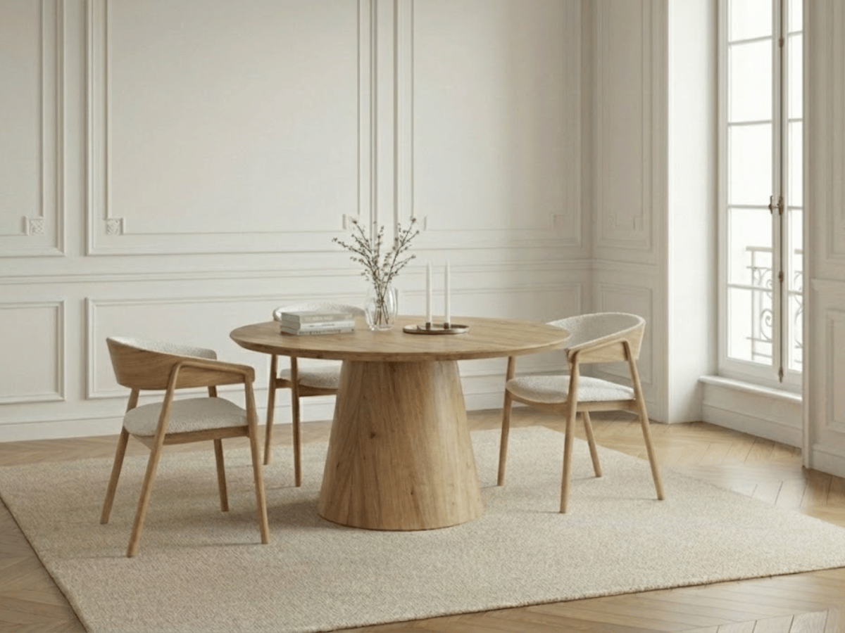Table extensible NOMA Ø 120 à 200 cm – Plateau céramique effet marbre & piètement en bois rainuré