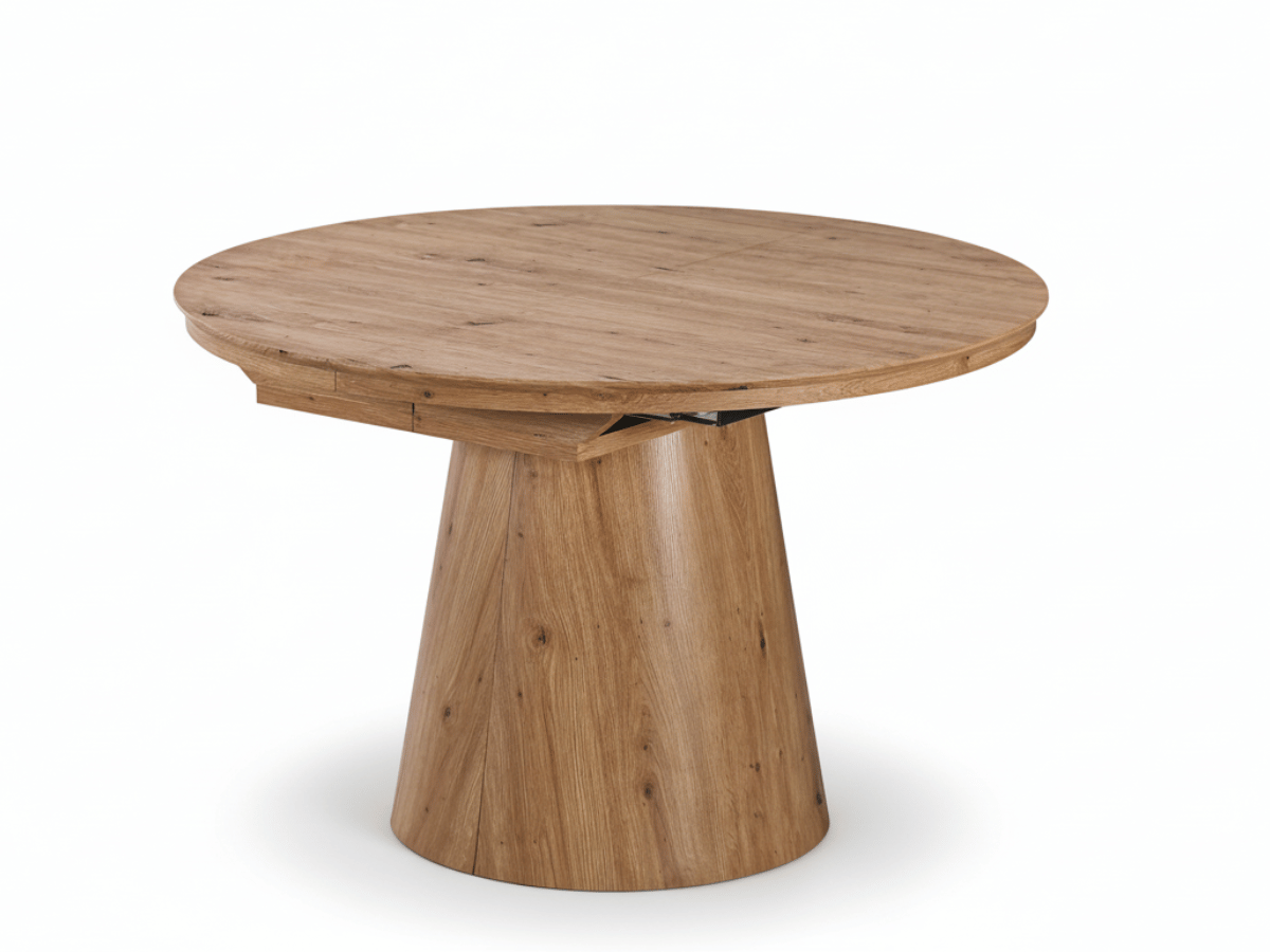 Table extensible NOMA Ø 120 à 200 cm – Plateau céramique effet marbre & piètement en bois rainuré