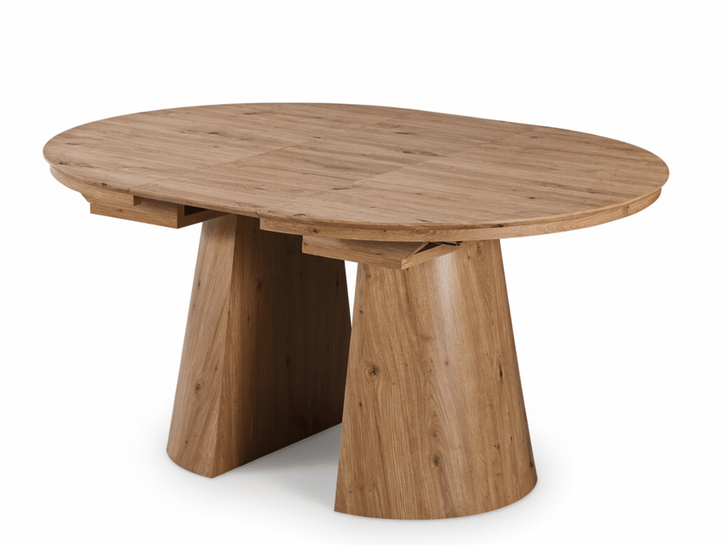 Table extensible NOMA Ø 120 à 200 cm – Plateau céramique effet marbre & piètement en bois rainuré