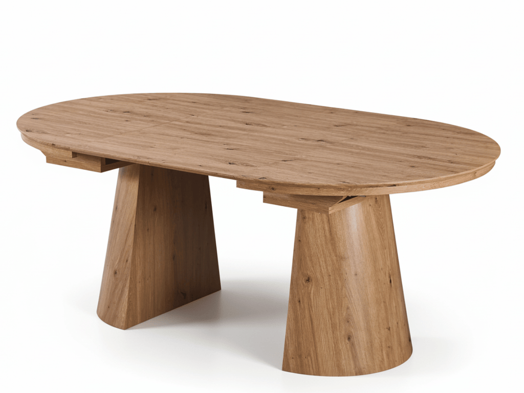 Table extensible NOMA Ø 120 à 200 cm – Plateau céramique effet marbre & piètement en bois rainuré