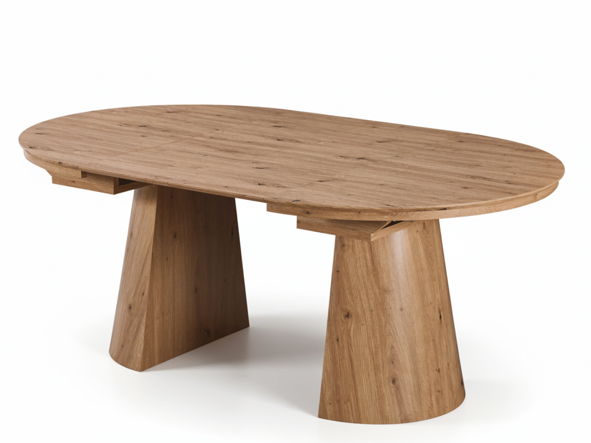 Table extensible NOMA Ø 120 à 200 cm – Plateau céramique effet marbre & piètement en bois rainuré