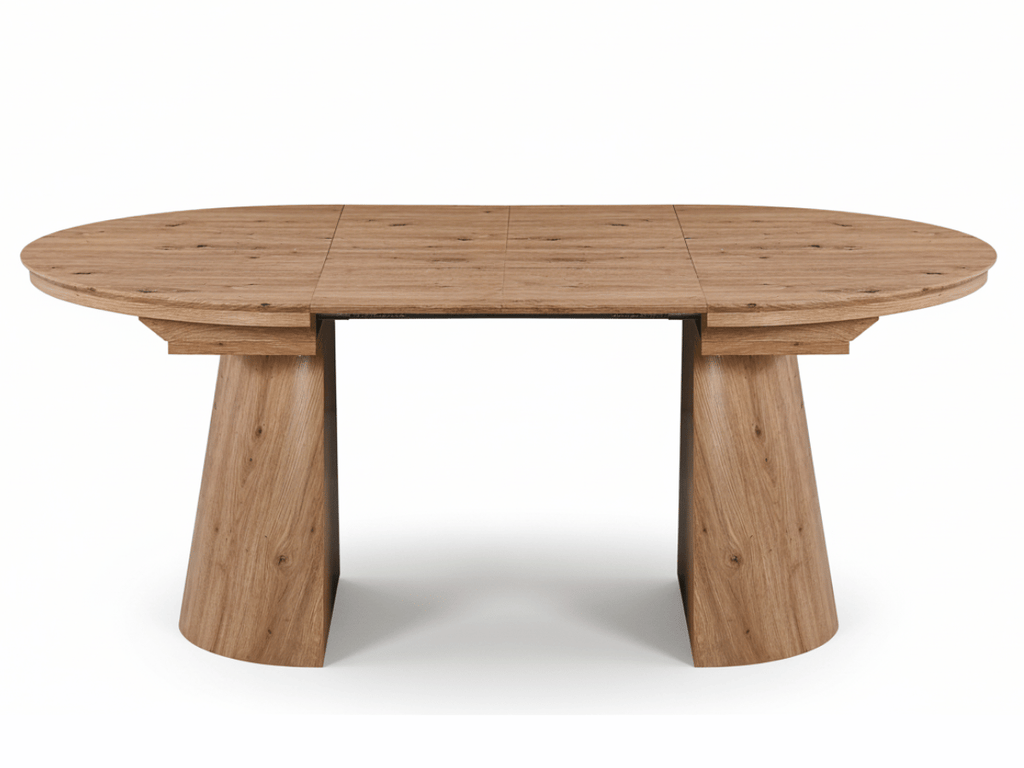 Table extensible NOMA Ø 120 à 200 cm – Plateau céramique effet marbre & piètement en bois rainuré
