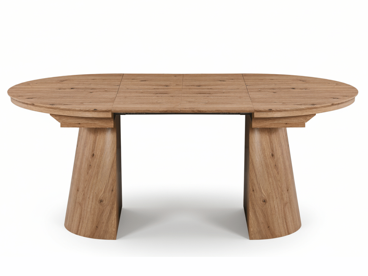 Table extensible NOMA Ø 120 à 200 cm – Plateau céramique effet marbre & piètement en bois rainuré