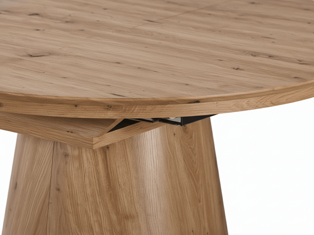 Table extensible NOMA Ø 120 à 200 cm – Plateau céramique effet marbre & piètement en bois rainuré