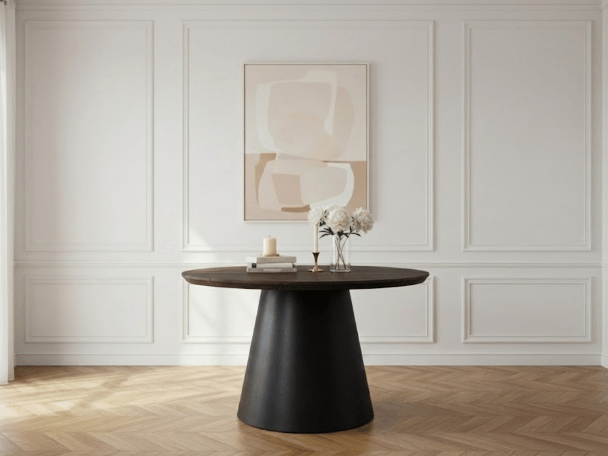 Table extensible NOMA Ø 120 à 200 cm – Plateau céramique effet marbre & piètement en bois rainuré