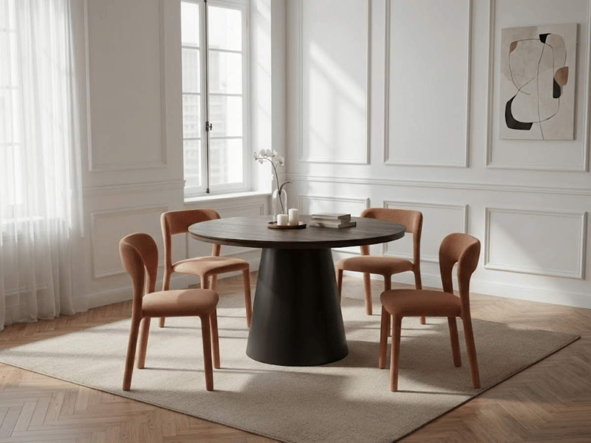Table extensible NOMA Ø 120 à 200 cm – Plateau céramique effet marbre & piètement en bois rainuré