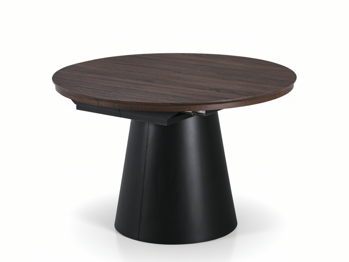 Table extensible NOMA Ø 120 à 200 cm – Plateau céramique effet marbre & piètement en bois rainuré