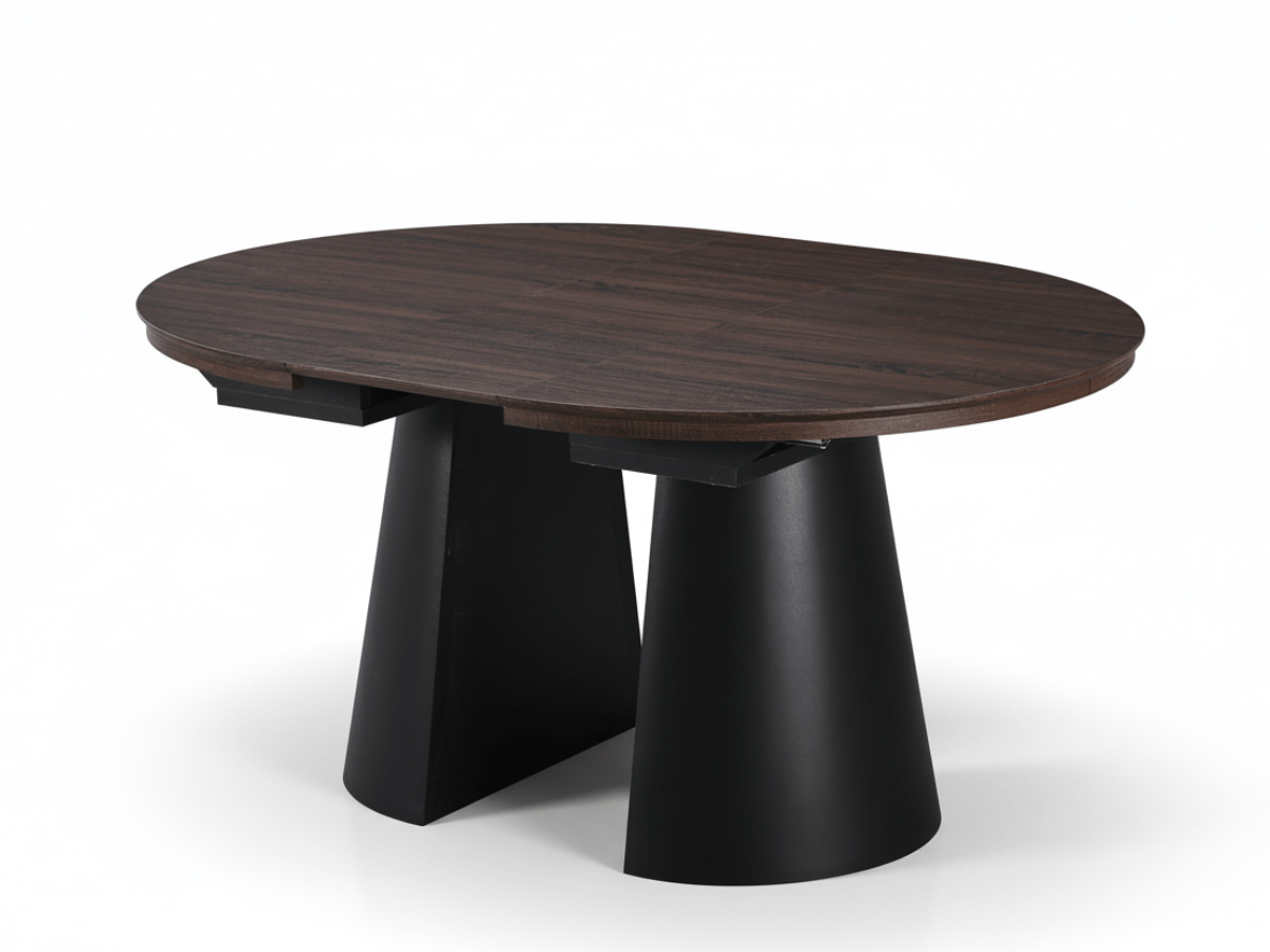 Table extensible NOMA Ø 120 à 200 cm – Plateau céramique effet marbre & piètement en bois rainuré