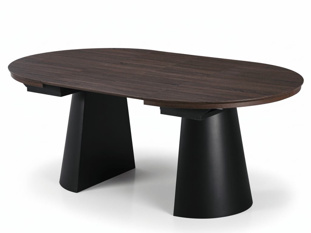 Table extensible NOMA Ø 120 à 200 cm – Plateau céramique effet marbre & piètement en bois rainuré