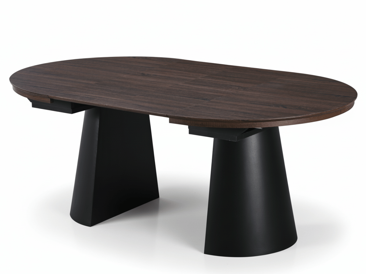 Table extensible NOMA Ø 120 à 200 cm – Plateau céramique effet marbre & piètement en bois rainuré