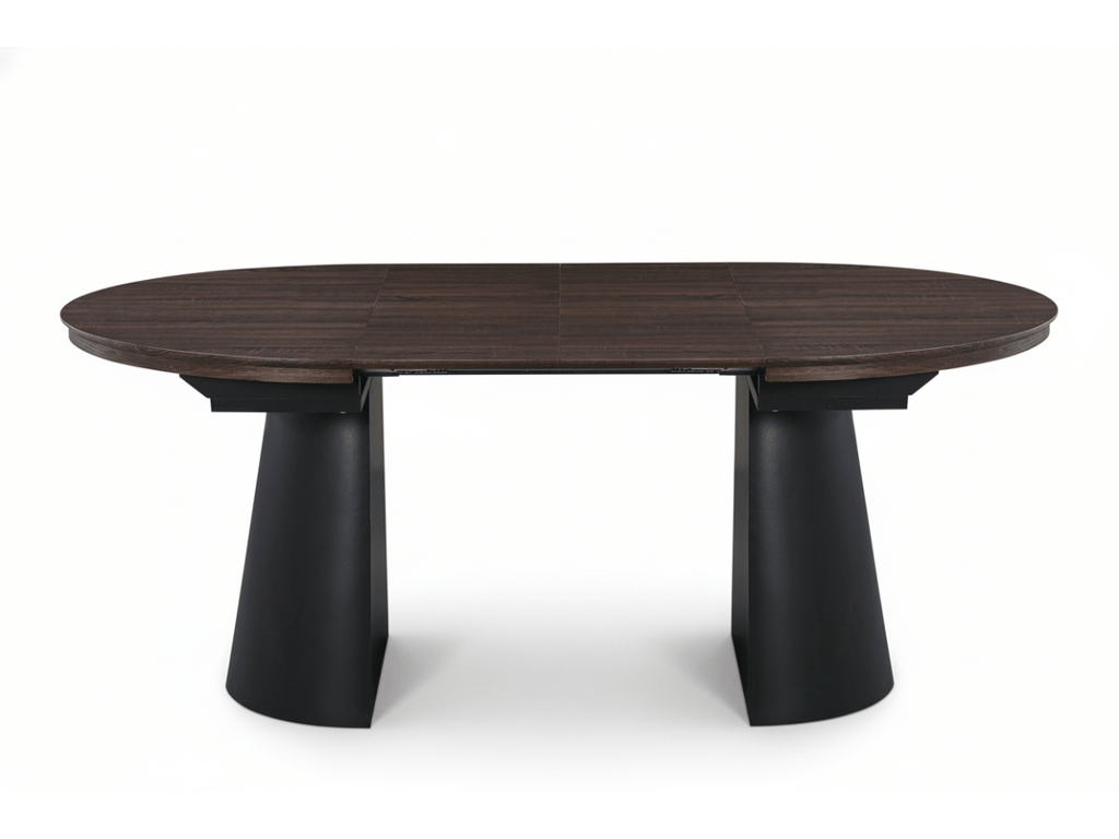 Table extensible NOMA Ø 120 à 200 cm – Plateau céramique effet marbre & piètement en bois rainuré