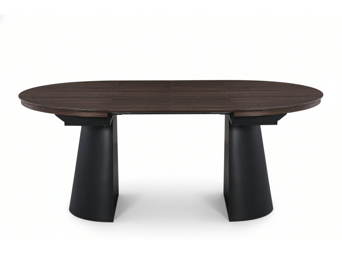Table extensible NOMA Ø 120 à 200 cm – Plateau céramique effet marbre & piètement en bois rainuré