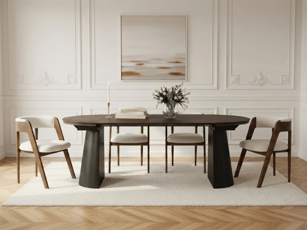 Table ronde extensible NELLA en bois – Ø 120 cm fermée / 200 cm ouverte – 2 rallonges intégrées
