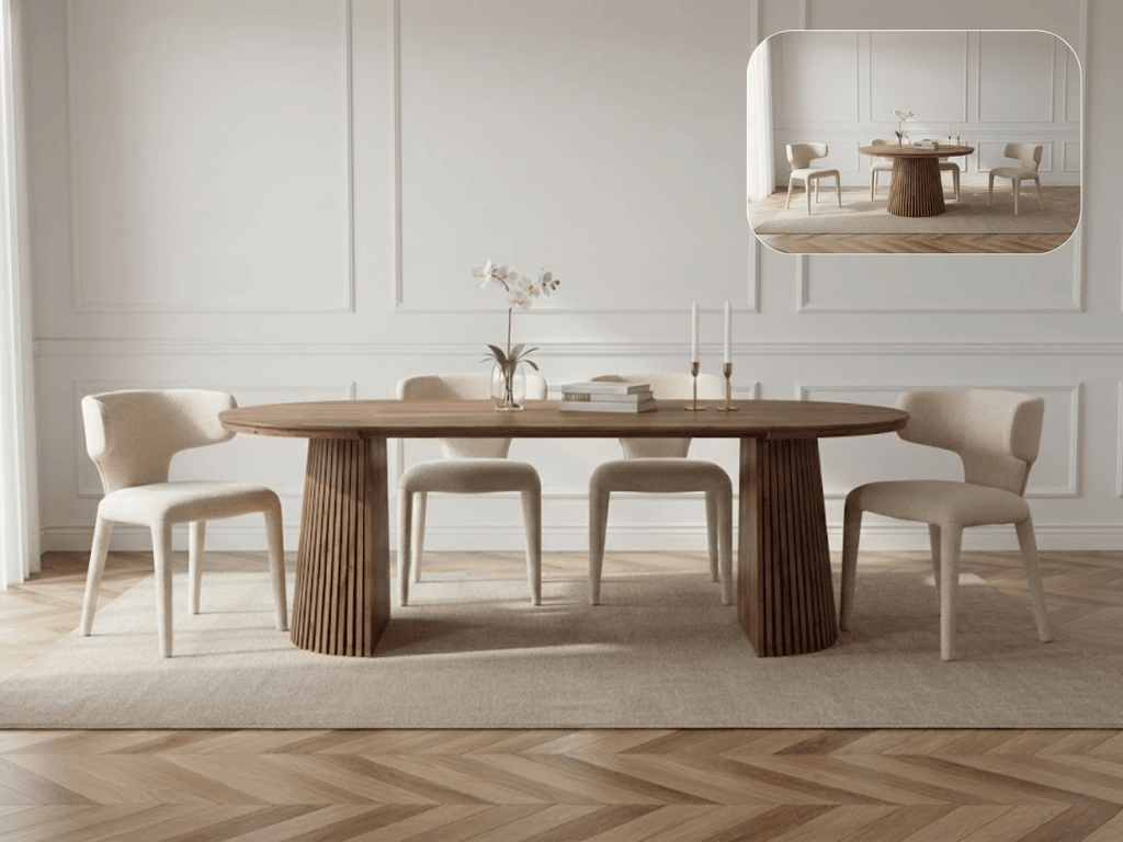Table extensible NOMA Ø 120 à 200 cm – Plateau céramique effet marbre & piètement en bois rainuré