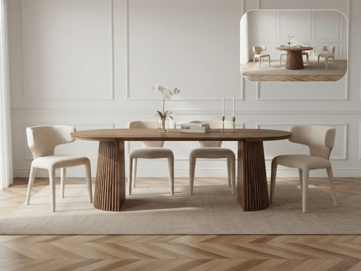 Table extensible NOMA Ø 120 à 200 cm – Plateau céramique effet marbre & piètement en bois rainuré