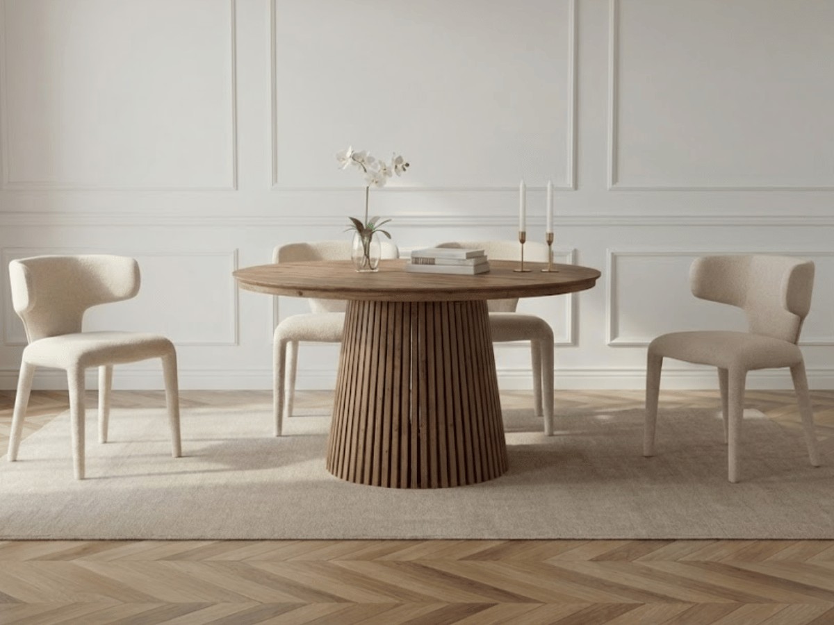 Table extensible NOMA Ø 120 à 200 cm – Plateau céramique effet marbre & piètement en bois rainuré