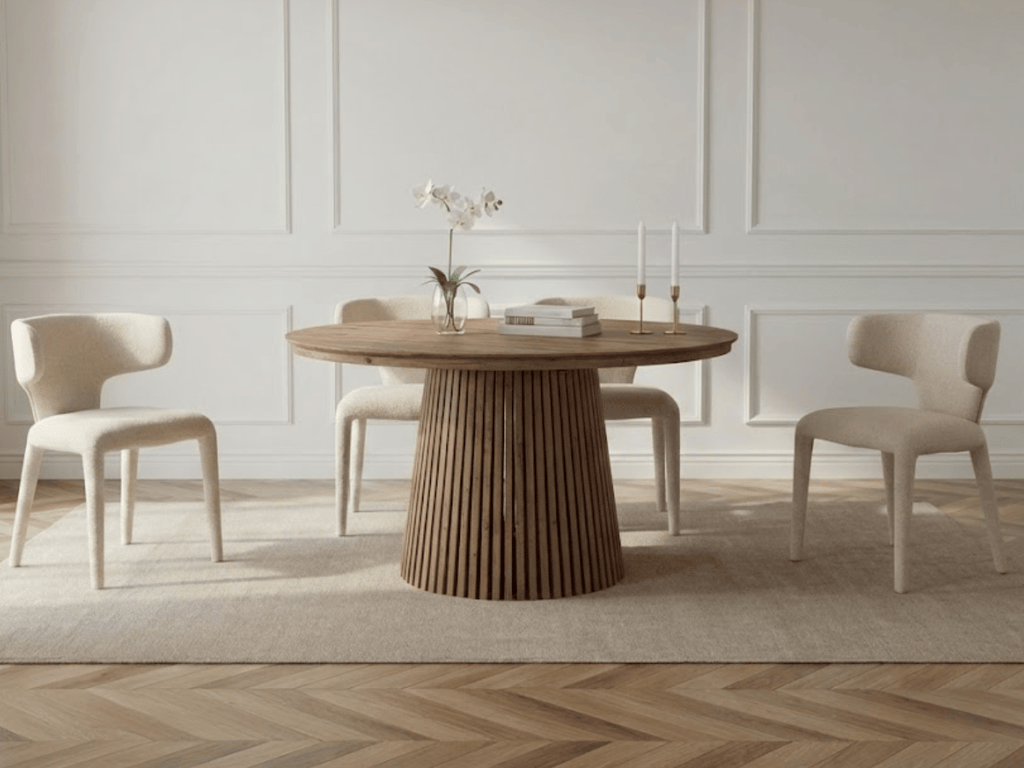 Table extensible NOMA Ø 120 à 200 cm – Plateau céramique effet marbre & piètement en bois rainuré
