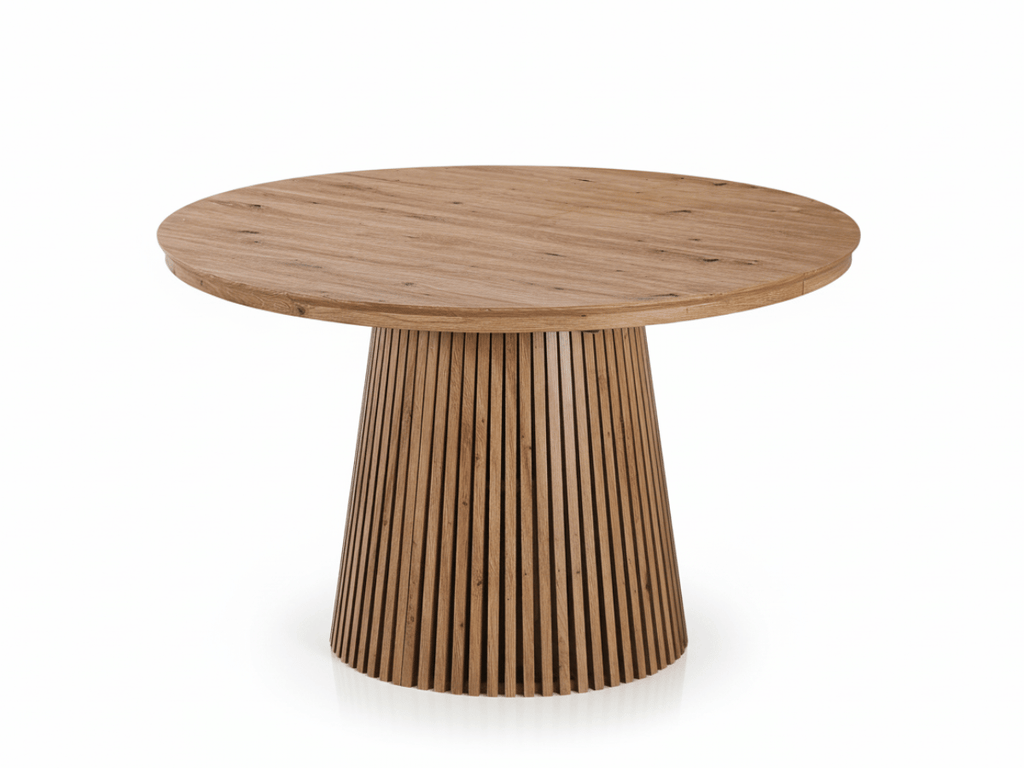 Table extensible NOMA Ø 120 à 200 cm – Plateau céramique effet marbre & piètement en bois rainuré
