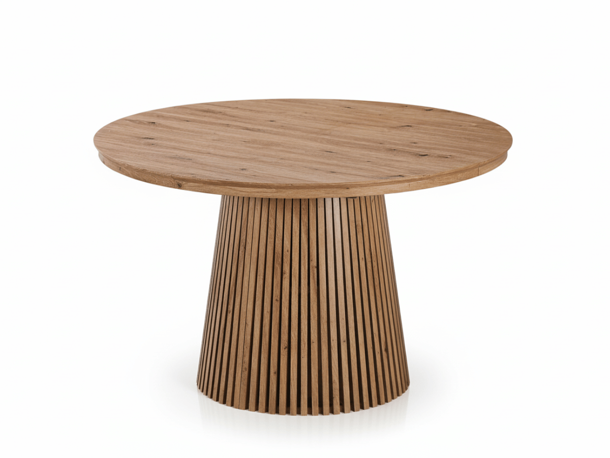 Table extensible NOMA Ø 120 à 200 cm – Plateau céramique effet marbre & piètement en bois rainuré