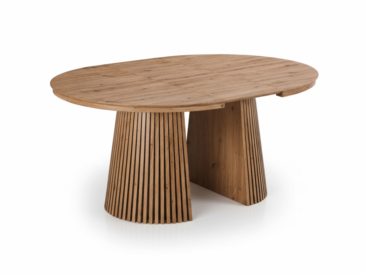 Table extensible NOMA Ø 120 à 200 cm – Plateau céramique effet marbre & piètement en bois rainuré