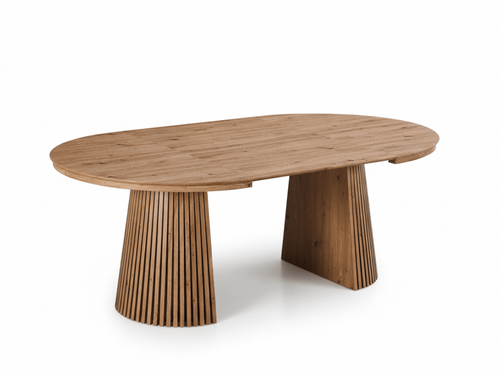 Table extensible NOMA Ø 120 à 200 cm – Plateau céramique effet marbre & piètement en bois rainuré