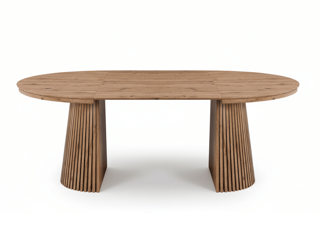 Table extensible NOMA Ø 120 à 200 cm – Plateau céramique effet marbre & piètement en bois rainuré